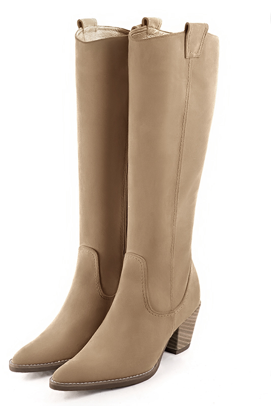 Tan beige women's cowboy boots. Tapered toe. Medium cone heels. Made to measure - Florence KOOIJMAN